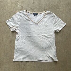 Chaps Tan and White Striped V-Neck Tee
